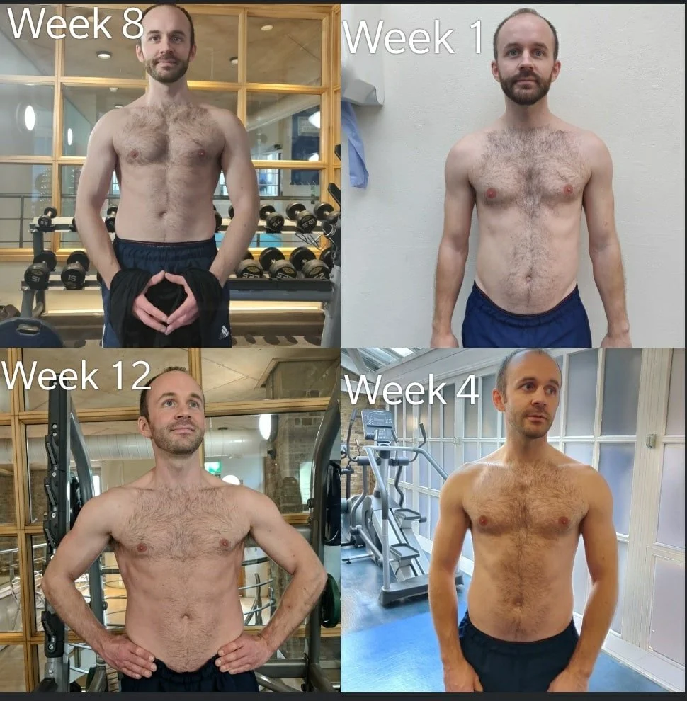 A collage of four photos showing a man at different weeks of his fitness journey. The first photo, labeled 'Week 1', shows him with a slight abdomen and thin hair. The second photo, labeled 'Week 4', shows him with more muscle and some body hair. The