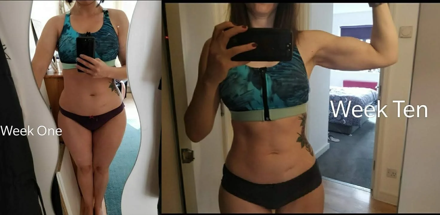 Side-by-side mirror photos of a woman taking selfies, showing her progress over ten weeks. The left photo labeled 'Week One' shows her with more body fat, and the right photo labeled 'Week Ten' shows her with a more toned physique.