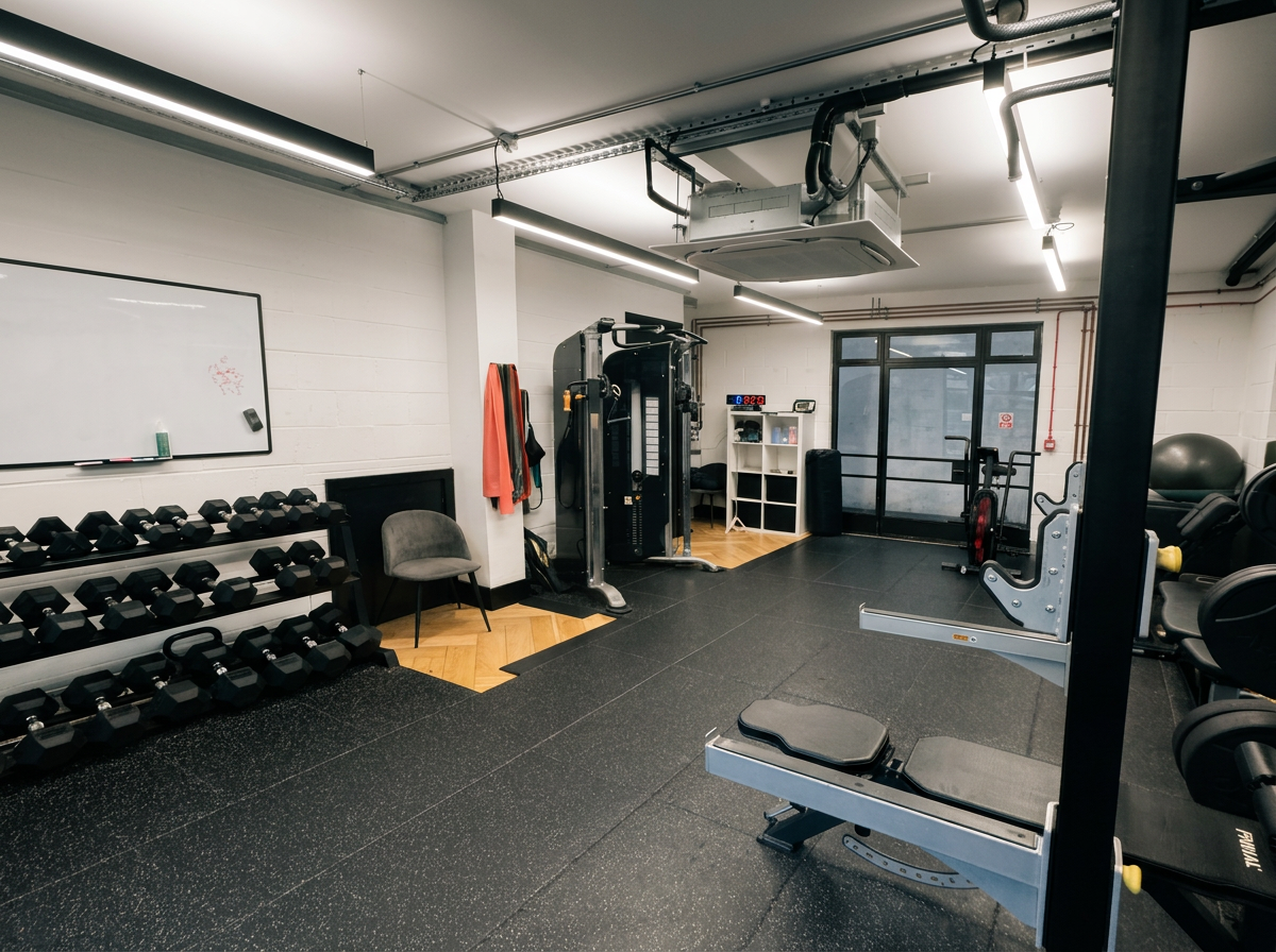 rivate gym training area in Islington with dumbbells, cable machine, towels and open floor space at Oryan Fitness.