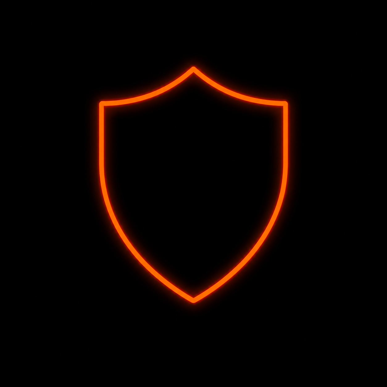 Neon orange outline of a shield on a black background.