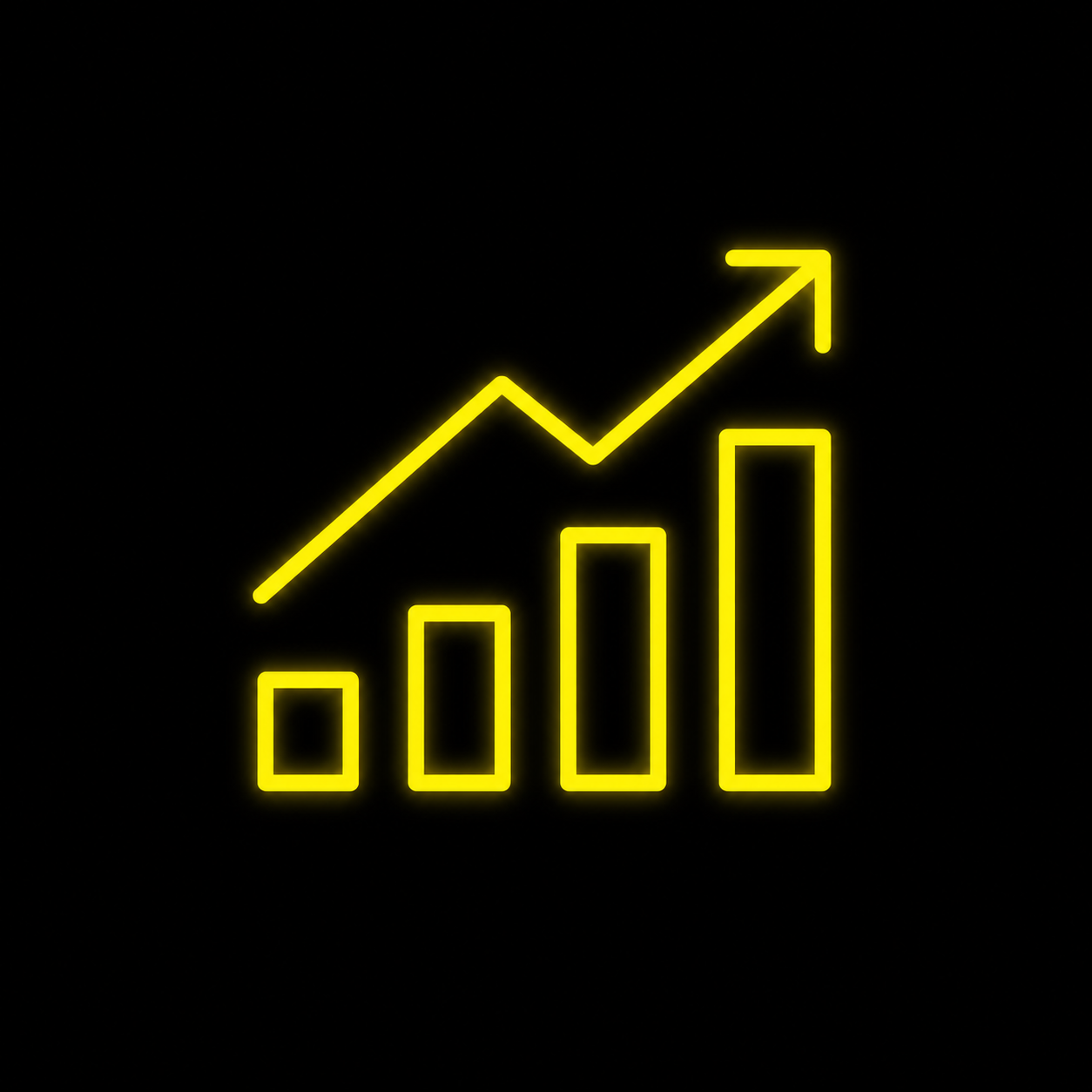 A neon yellow upward-trending line graph over bar chart with four bars, on a black background.