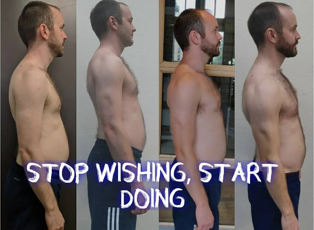 Progress photos of a shirtless man showing weight loss over four stages, with the phrase "Stop Wishing, Start Doing" overlayed.