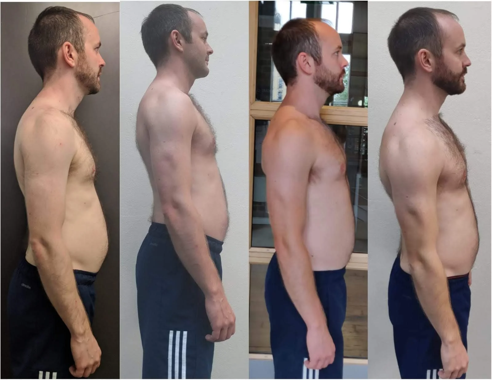 Side profile of a shirtless man showing physical changes over four different stages, from leaner with less body fat to more muscular with increased muscle mass.
