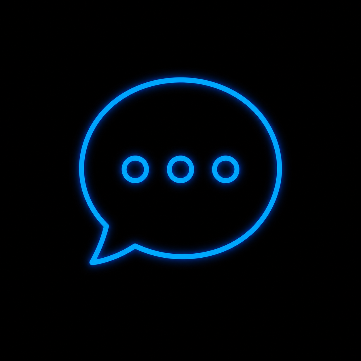 Blue neon speech bubble with three dots on black background.