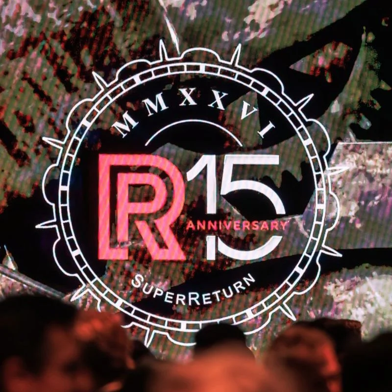 Design celebrating the 15th anniversary of Rede Partners at SuperReturn with a circular emblem featuring the Roman numerals XV, the words 'Super Return,' and a large stylized 'R' with the number 15 and the word 'Anniversary' inside.