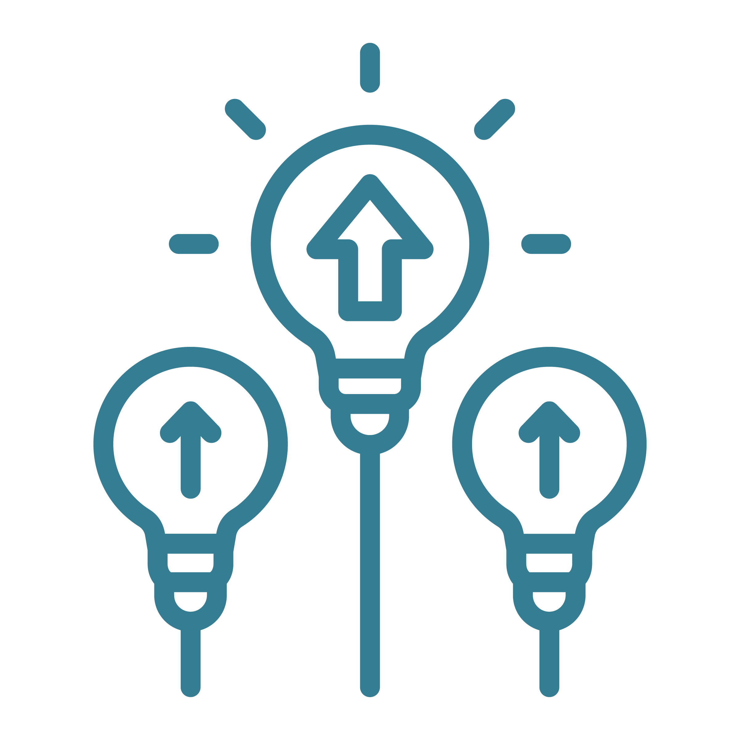 Three light bulb icons with upward arrows inside, representing ideas and innovation.