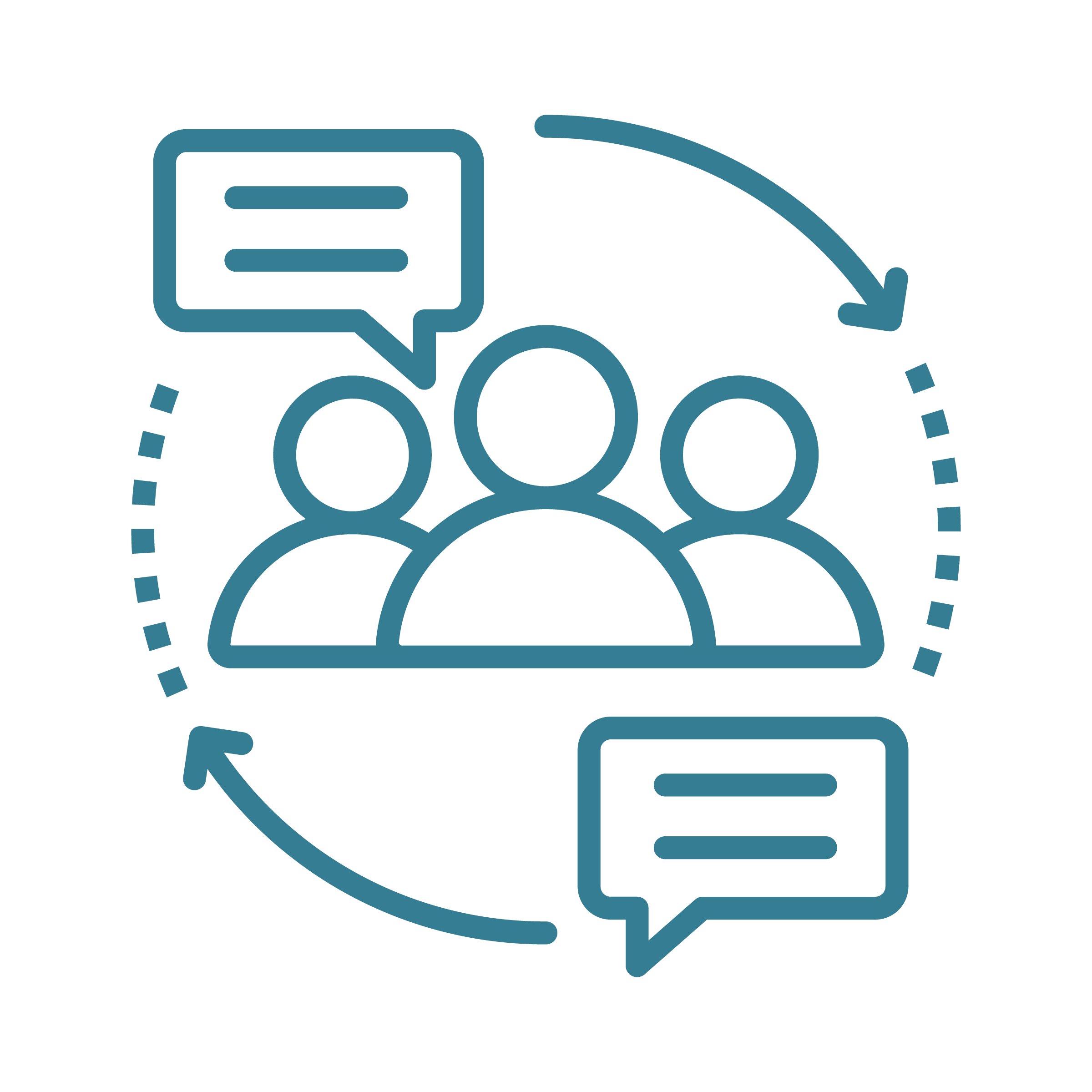 Icon of three people with speech bubbles and arrows indicating communication or team discussion