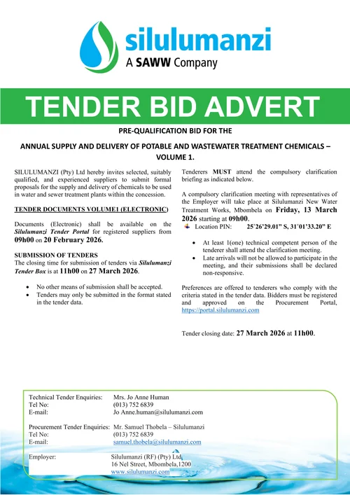 Tender Advert Example Invitations for Tender — Silulumanzi