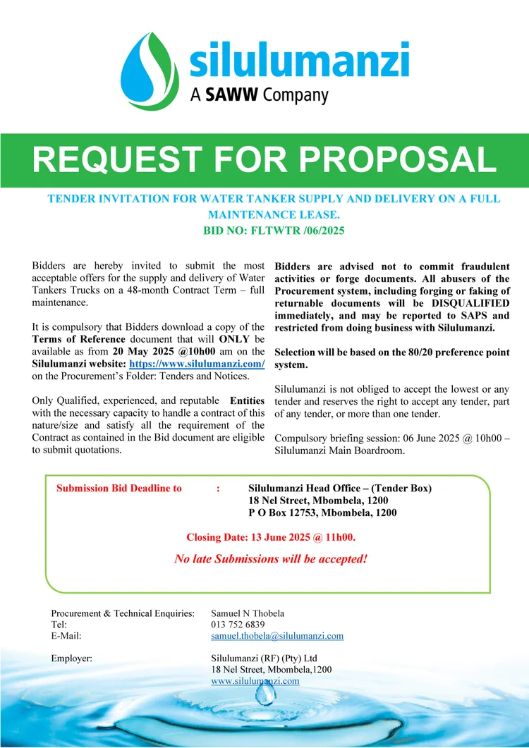 Tender Advert Example Invitations for Tender — Silulumanzi