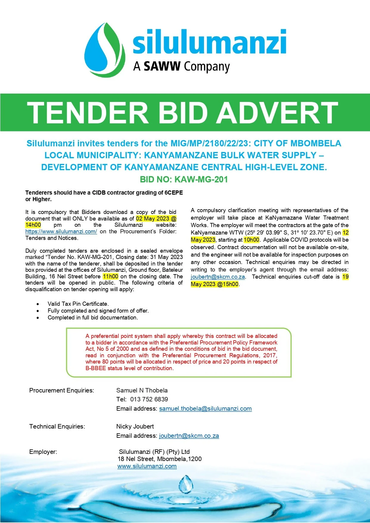 Tender Process Advertisement Invitations for Tender — Silulumanzi