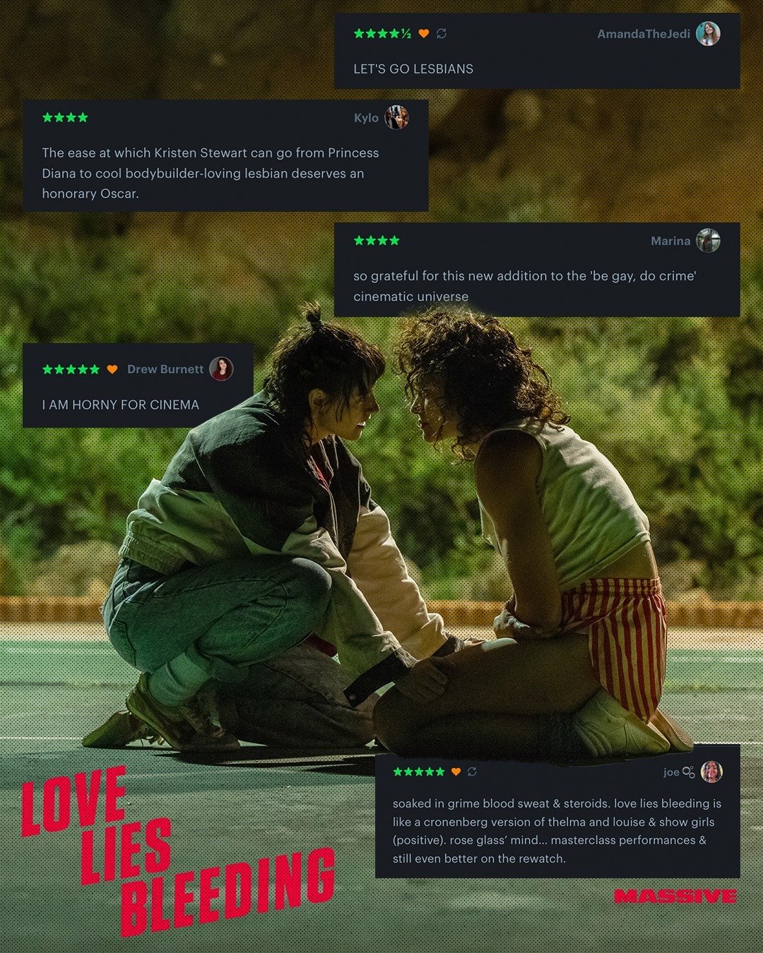 🩸 LOVE LIES BLEEDING IS IN CINEMAS NOW 🩸⁠
⁠
And the reviews are in! One of our faves of the year, Rose Glass' blood-soaked romantic thriller is not one to be missed (and if you don't believe us, hopefully @letterboxd's finest can convince you inste