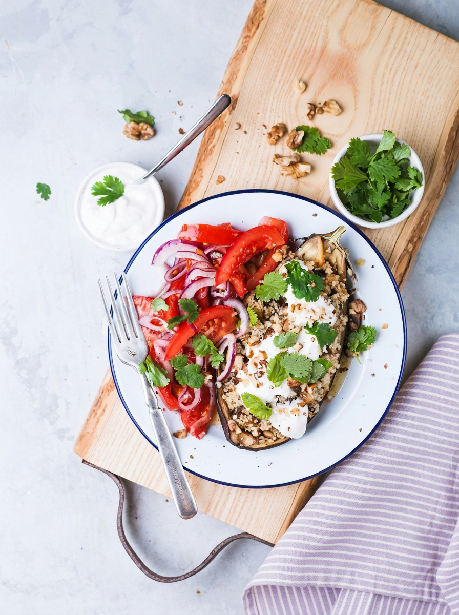 A picture of baked aubergine with a salad