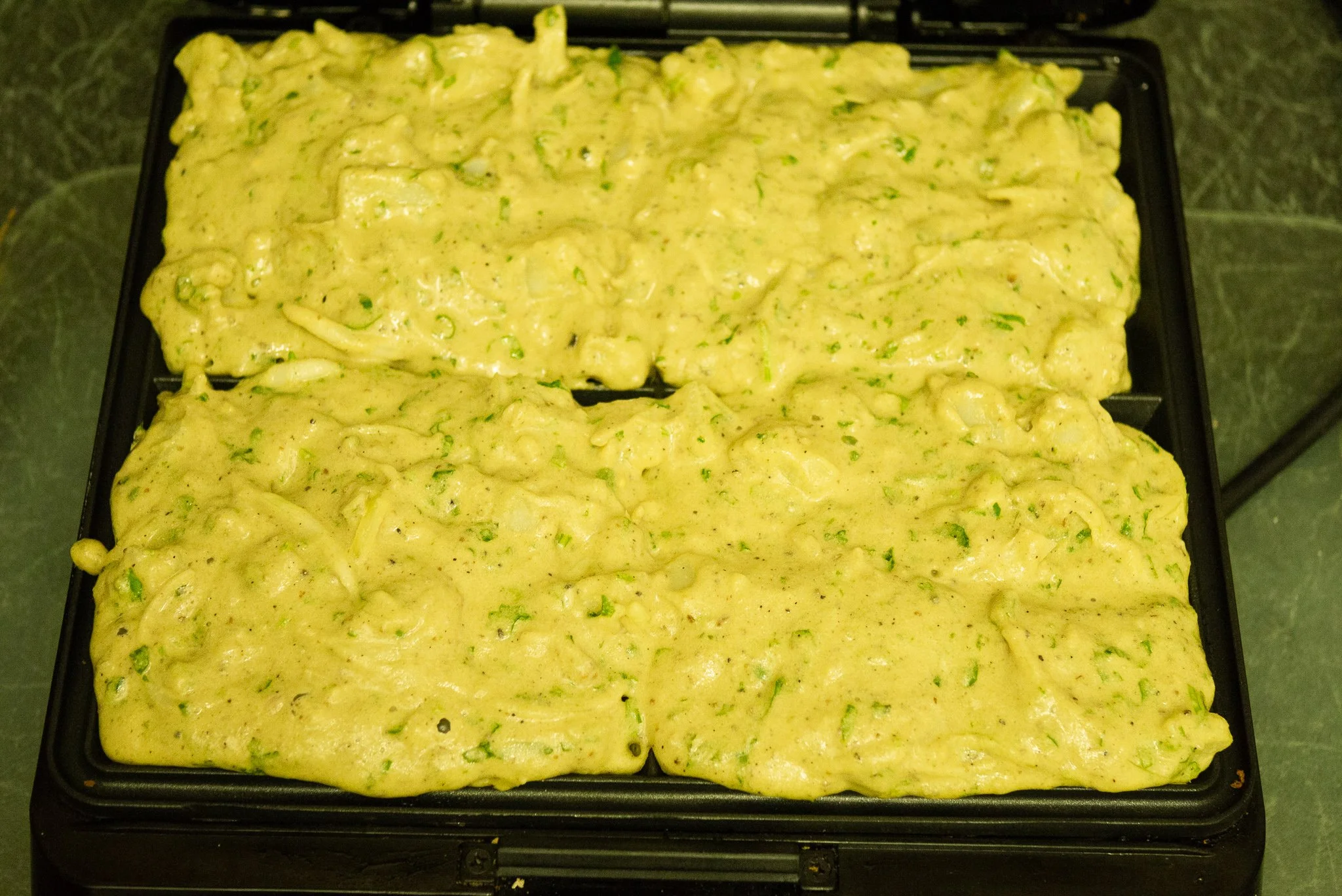 Spiced potato samosa waffles, made with gram flour, potatoes, garam
