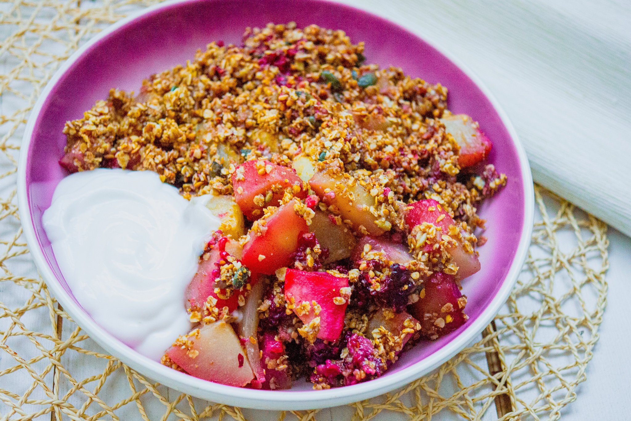 pear and blackberry crumble by kam sokhi allergy chef 