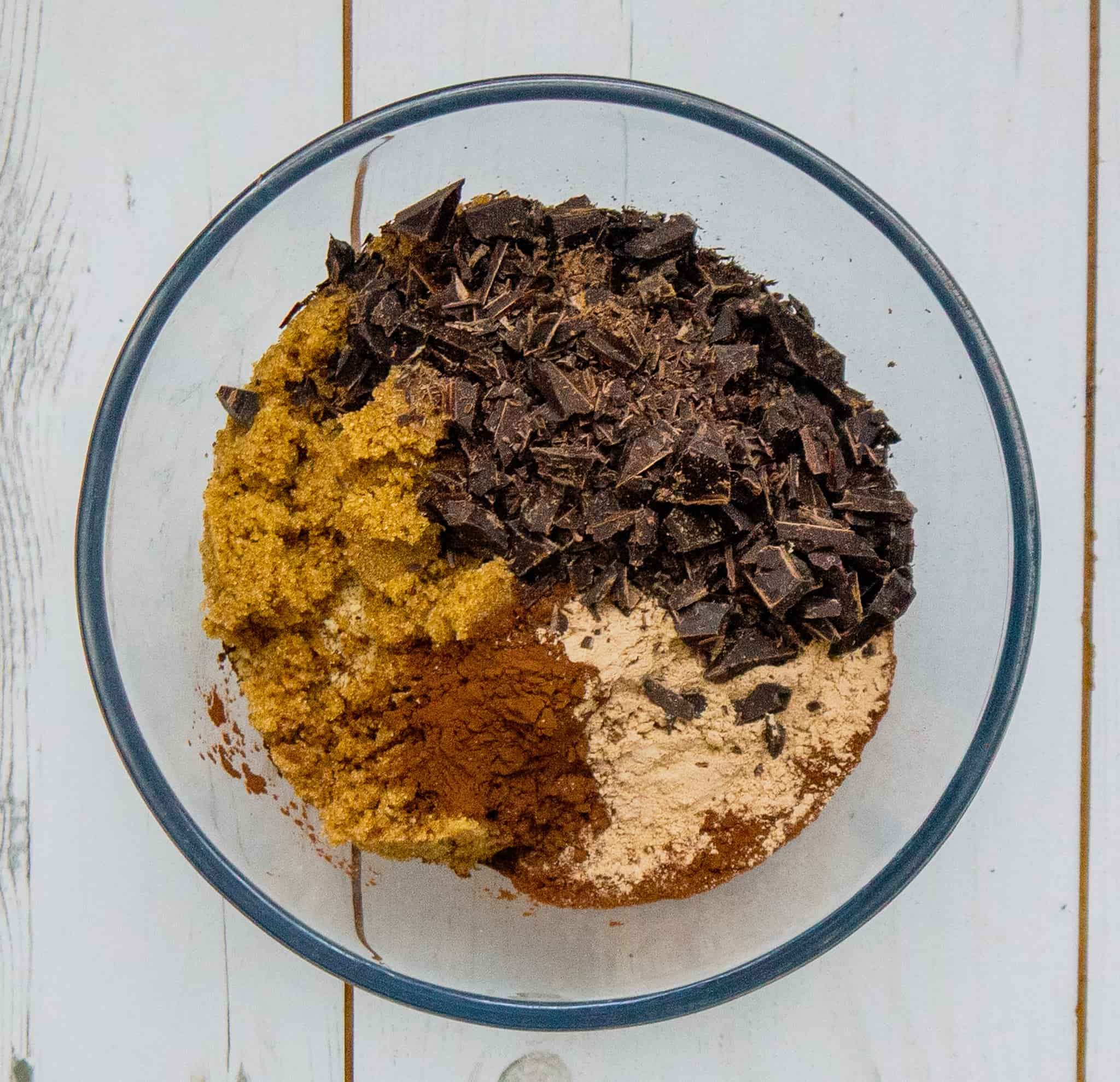 dry ingredients for double chocolate chip cookies in a bowl