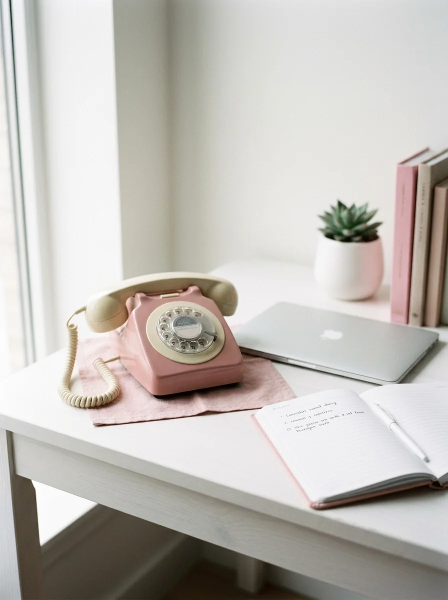 A picture of a retro pink telephone on a desk with a laptop and diary