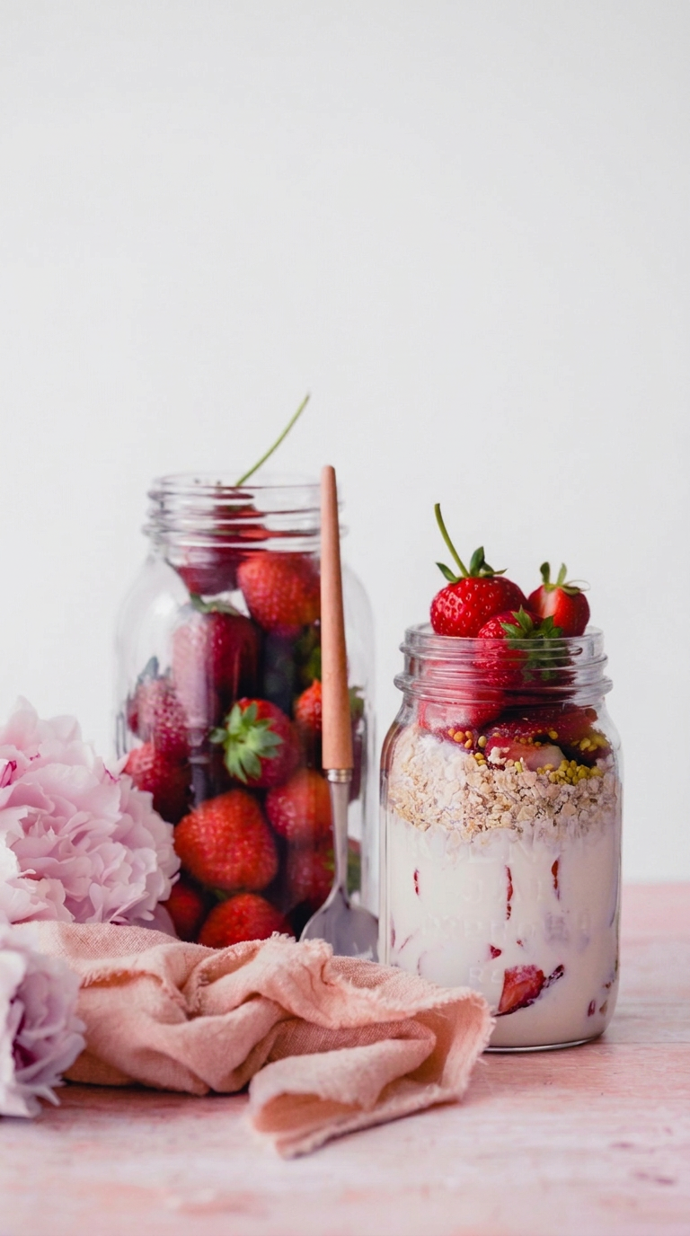a jar os strawberries next to a jar of milk and museli topped with strawberries