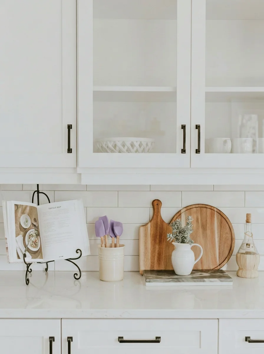 a kitchen top with a opened cookery book and wooden chopping boards and utensils on top