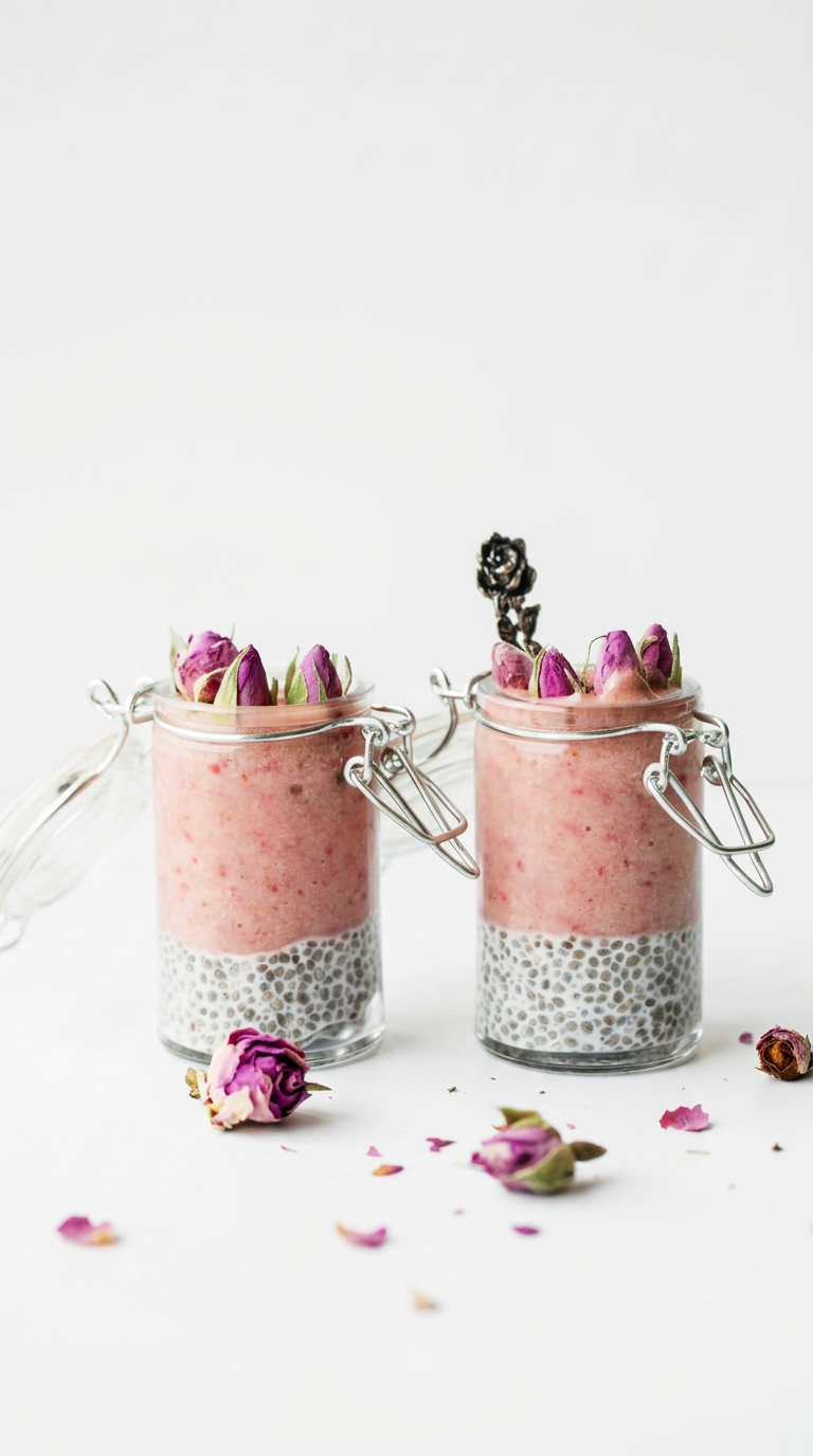 2 strawberry chia pudding in glass jars