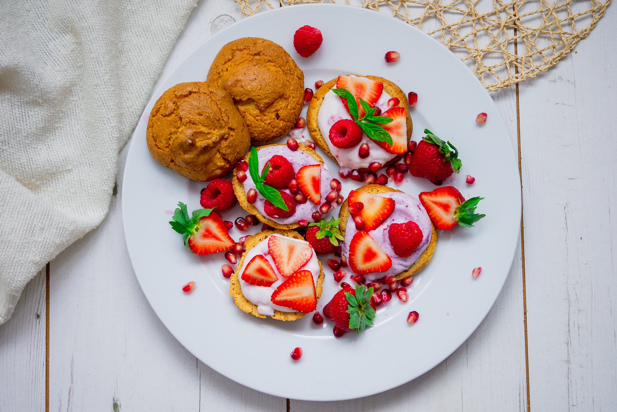 A plate of free from scones topped with yoghurt and berries