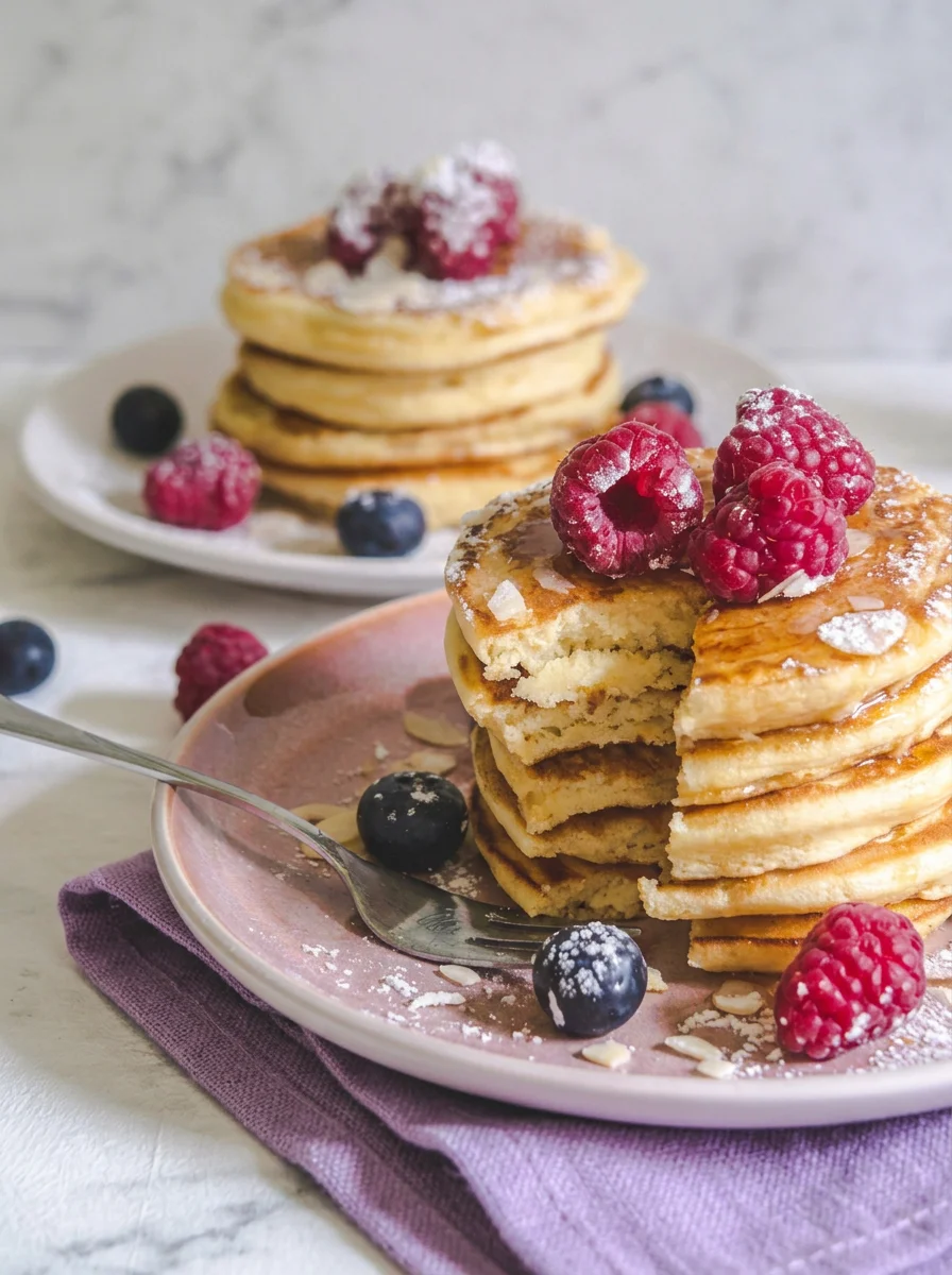 a stack of pancakes topped with berries on a lilac plate