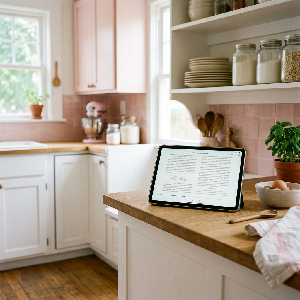 a kitchen with pink background and a tablet with a recipe book open