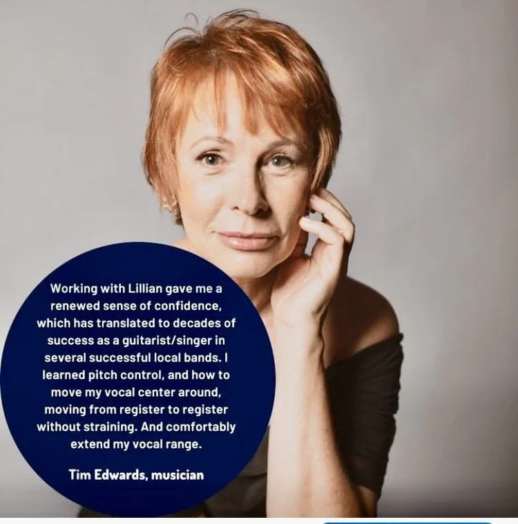 A woman with short red hair posing with her hand on her face. There is a blue circle overlay with text sharing a testimonial about working with Lillian and singing.