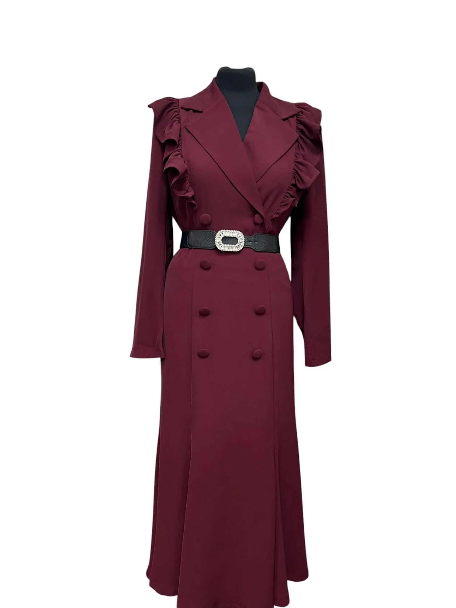 burgundy coat dress Frill — Una Rodden Rendered in a rich Quinceanera dress Ophelia Floral Dress, Brown Color:Tailored Navy