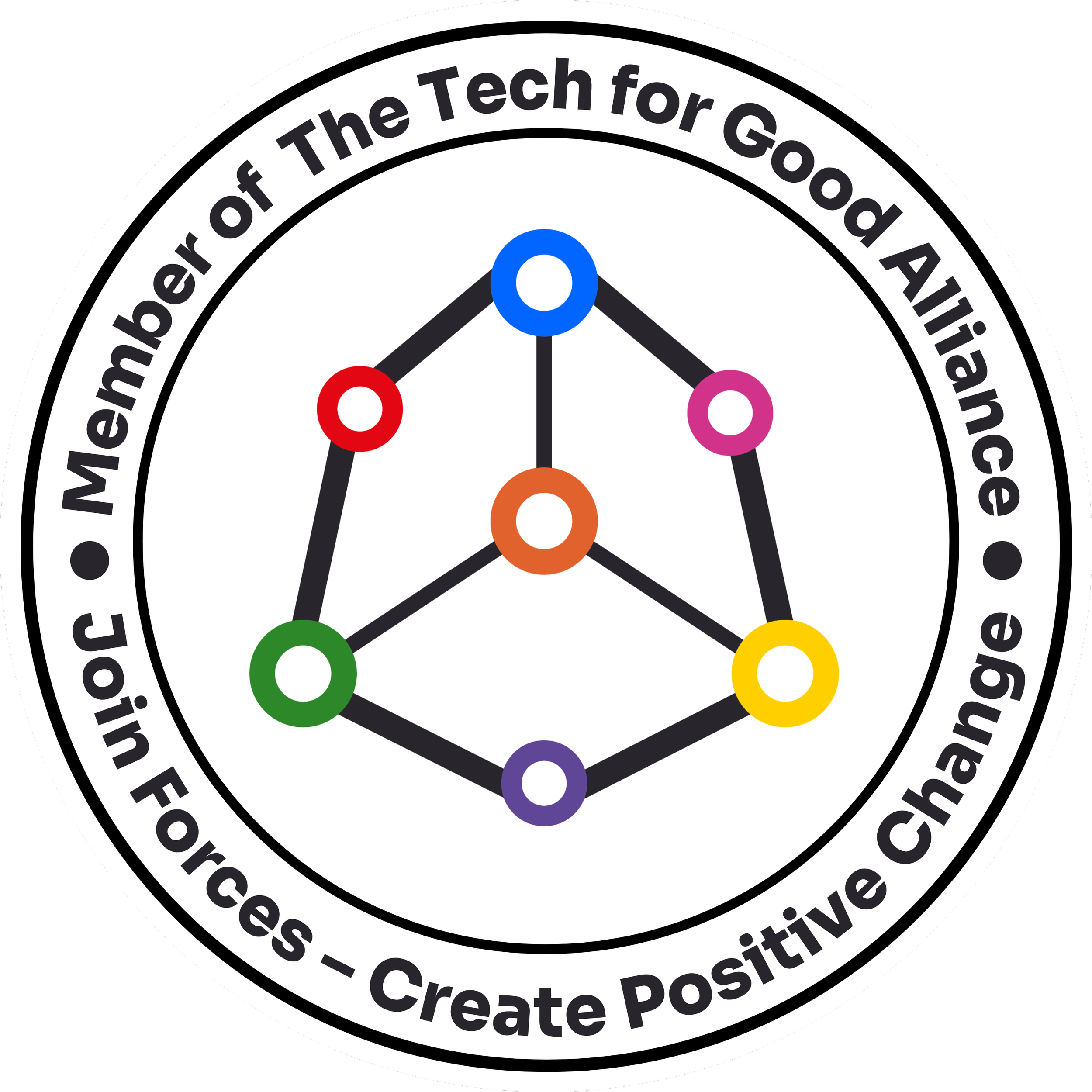 Tech for Good Alliance badge – logo in the middle, with text encircling it that says 'member of the tech for good alliance: join forces - create positive change
