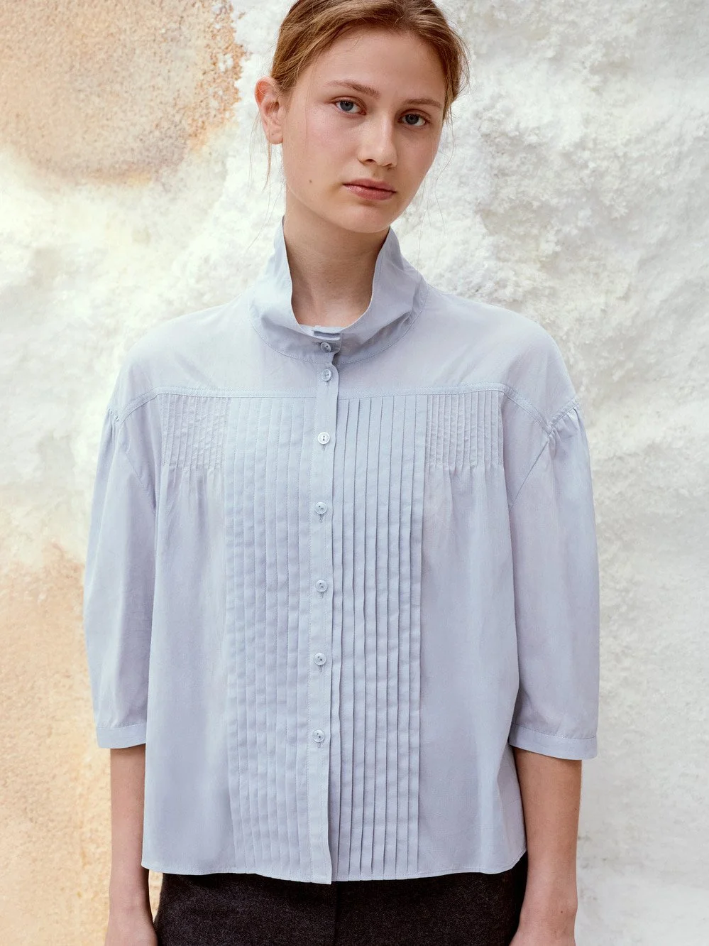 Low Classic - High Neck Pintuck Blouse Light Blue