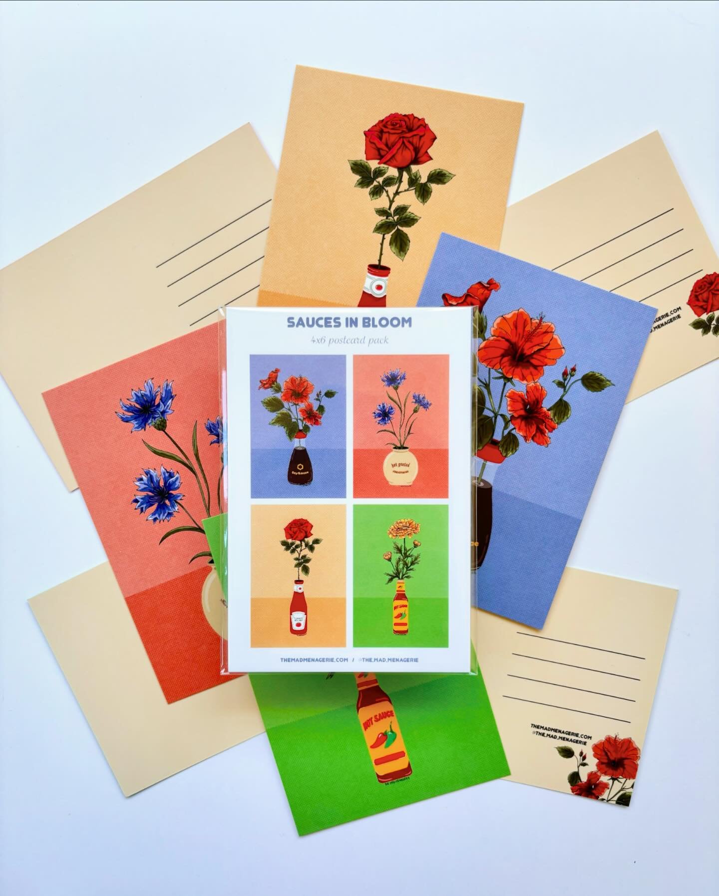 Sauces in Bloom: a beautiful tasty lil postcard pack 🌺 

Hibiscus in Soy Sauce
Cornflower in Horseradish
Rose in Ketchup
Marigold in Hot Sauce

Available online or at pop-ups. 

#postcard #postcards #usps #sauce #flower #snailmail #newmerch #shoploc