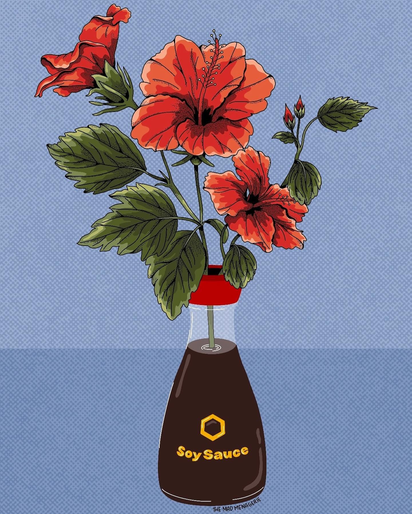 Hibiscus in Soy Sauce, number 1 in the series Sauces in Bloom. 🌺 

This series was inspired by the original painting a few weeks back which stemmed from our love of eating rice and painting flowers. And i have a thing for checkers right now 🤷&zwj;♀