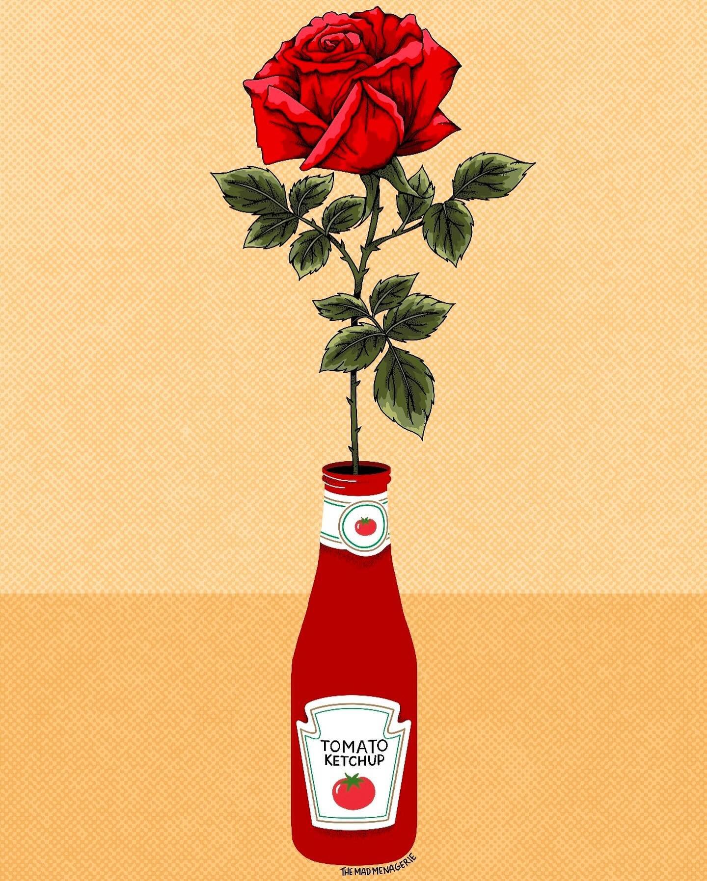 Rose in Ketchup, number 3 in the series Sauces in Bloom. 🌹 

Pick one up tonight at the first friday lot party with @wasteland_society at @hitidescoffee 💕

#sauce #flower #rose #ketchup #tomato #bloom #postcard #newmerch #shopsmallkc #flowerart