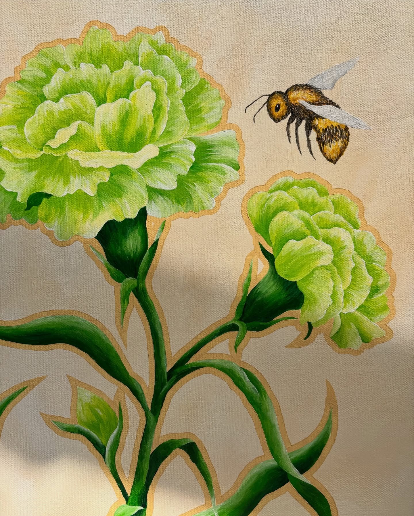 Green carnations and a bee for Nathan and Greg 🐝
📏 16x20 
🎨 Acrylic on canvas

Commissions are open! Hit me up if you need some art.