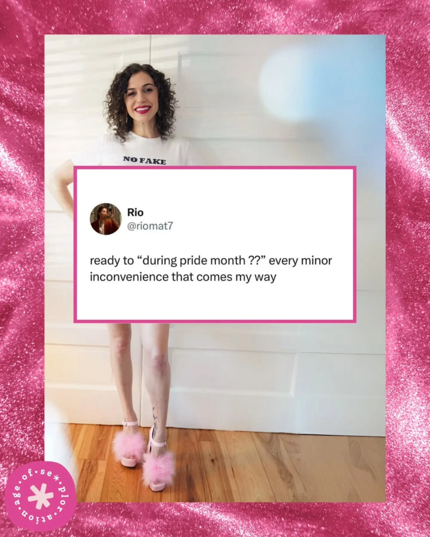 Follow ✨@ageofsexploration✨ for more seggs positive empowerment and education about seggsual health (and memes!) 
#PrideMonth 
#LGBTQIACommunity 
#QueerJoy 
#InclusiveEducation 
#PrideHumor

Image Description : 
Slide 1: Person standing in a pink-the