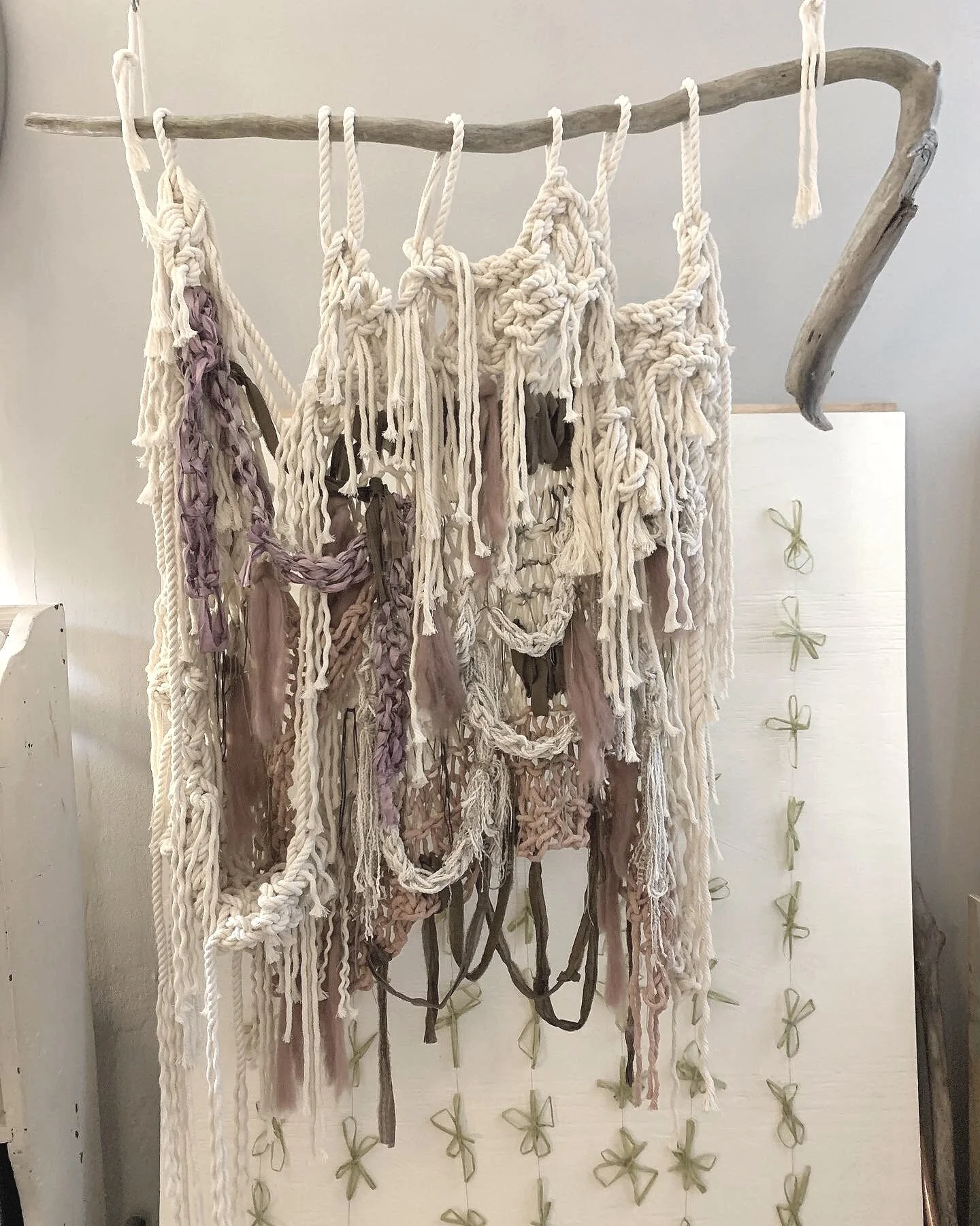 "Miracle Wall", cotton rope and chiffon ribbon on wood. 2021.