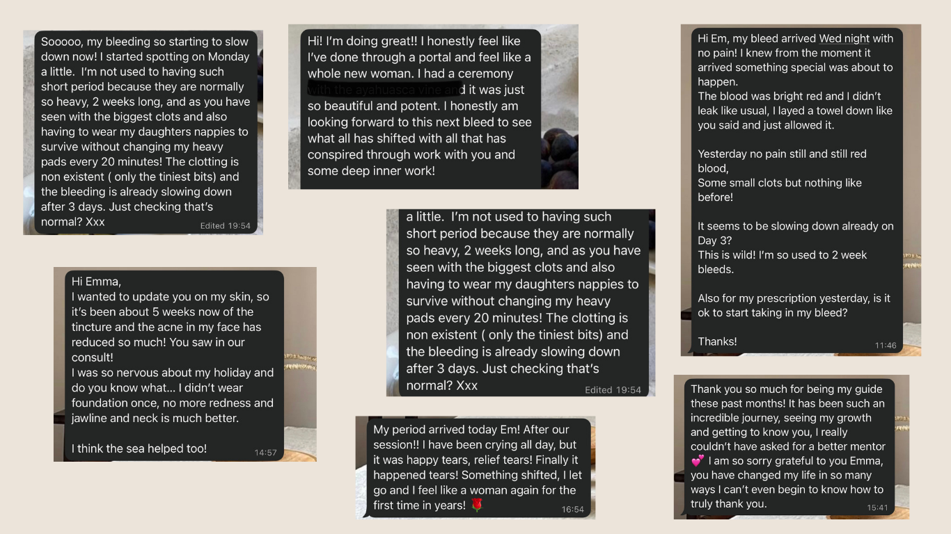 Collection of text messages from a woman updating another about her menstrual bleeding, skin condition, and emotional well-being, sharing her experiences and gratitude.
