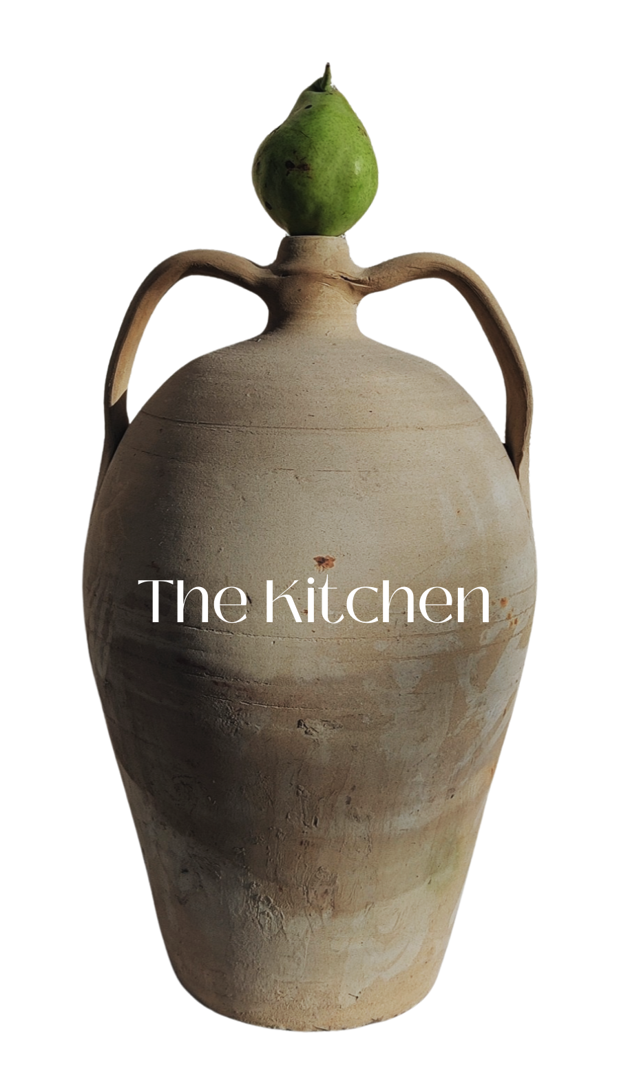 Large clay jug with handles topped by a green pear, text "The Kitchen"