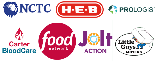 Logos of various companies including a UNT, NCTC, H-E-B, Carter BloodCare, and Food Network.