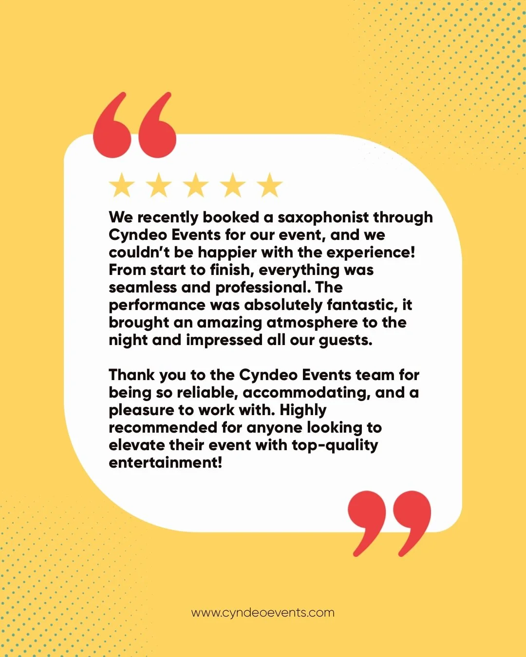We are feeling the love this month! &hellip;. 💛 

Nothing makes us swoon more than kind reviews from our wonderful clients. Your trust in Cyndeo means a lot!

#feelingthelove #clientlove #luxuryentertainment #liveevents #weddingmusic