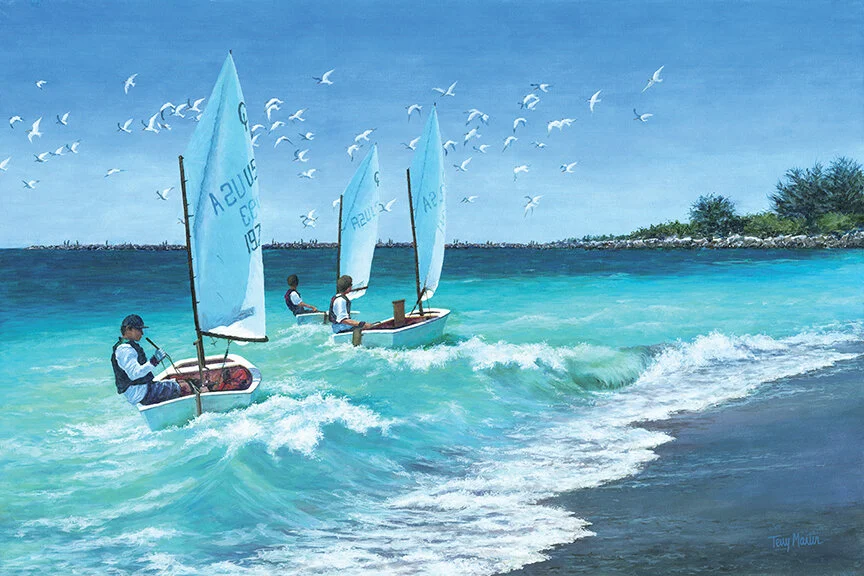 Blown in Shore (36” x 24,” acrylic) Optimists sailboats