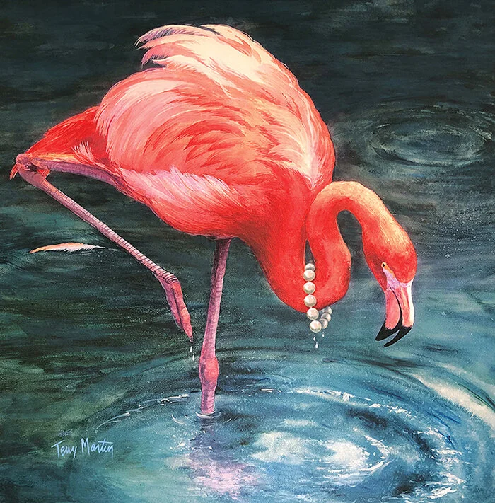 Flamingo with Pearls (20” x 20,” watercolor)