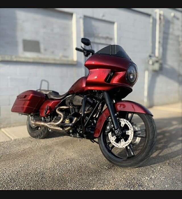 We've finished the Roadking FXRT and are absolutely in love with it. @russwernimontdesigns fairing kit, @biltwell 12&quot; bars, @iron_cycle_inc 103&quot; hot motor, @horsepowerinc pipes, 21&quot; deviant wheel, all blacked out parts, brass bits, cus