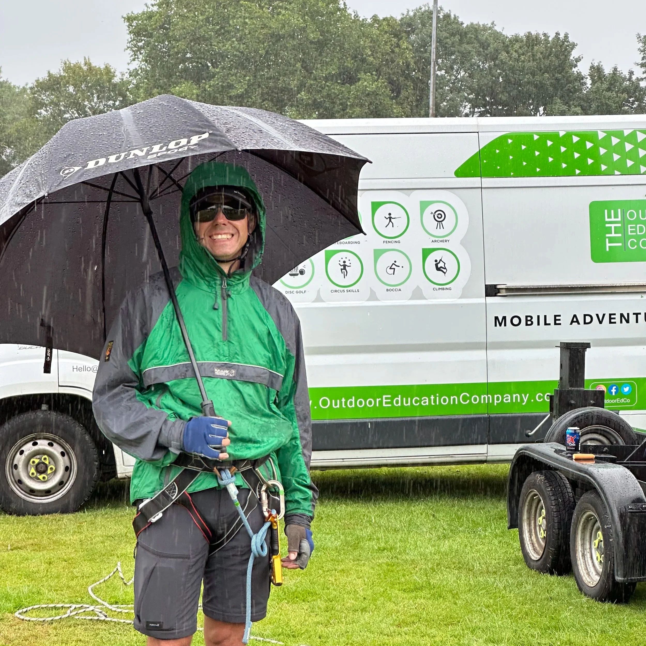 an instructor stood under an umbrella