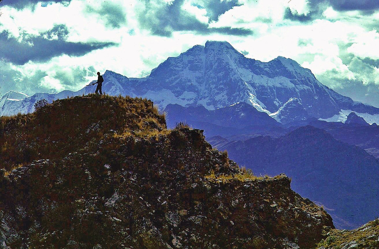 Chavin Region #12 Johan on pre-Inca ruins east of Chavin (Huanstan behind) - Photo Blatherwick 1981_Original.jpg