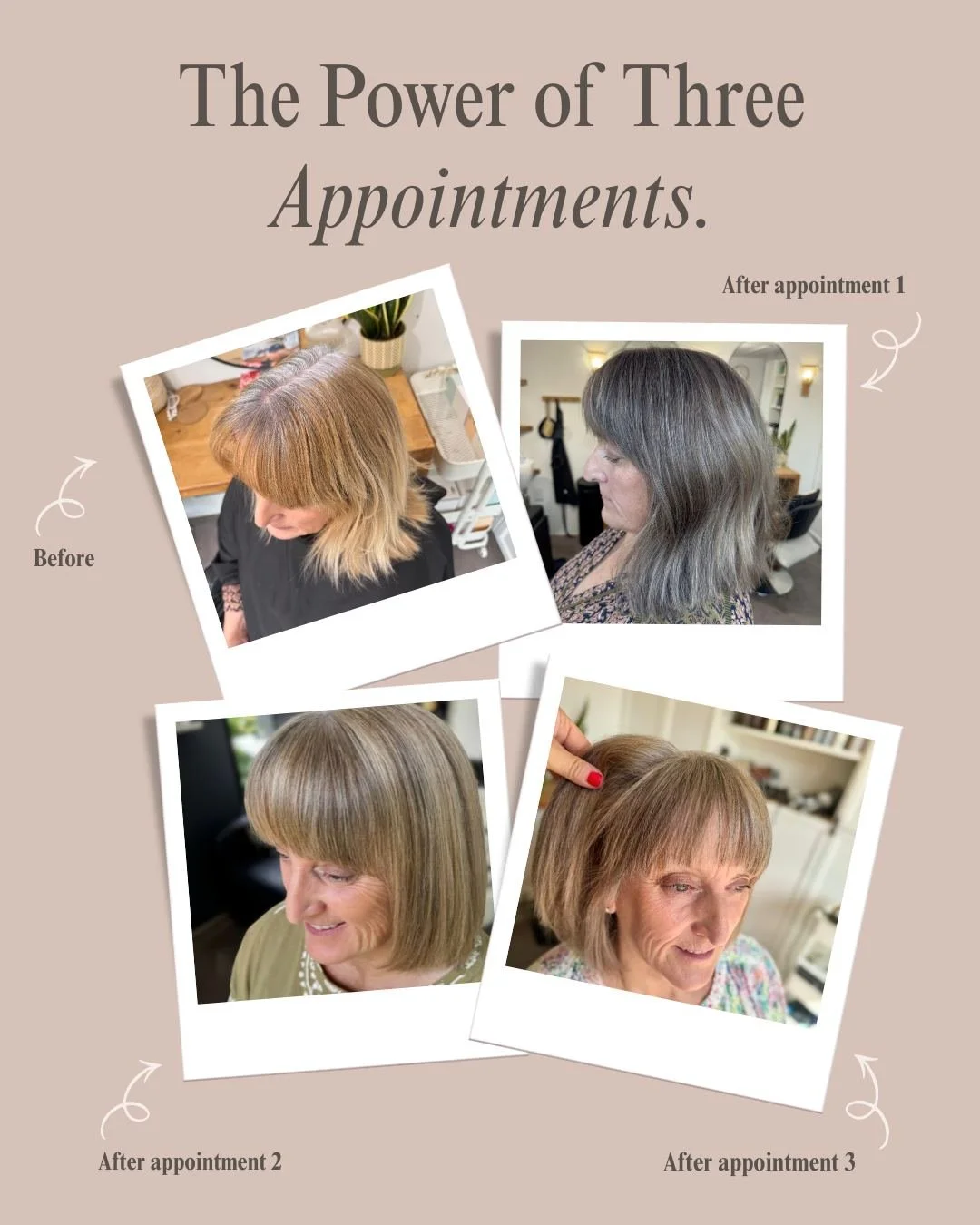 Three appointments. One incredible journey. ✨

I've absolutely loved being part of Wendy's grey transformation journey, and these photos show exactly why trusting the process is so important.

Each appointment builds on the last, softening old colour