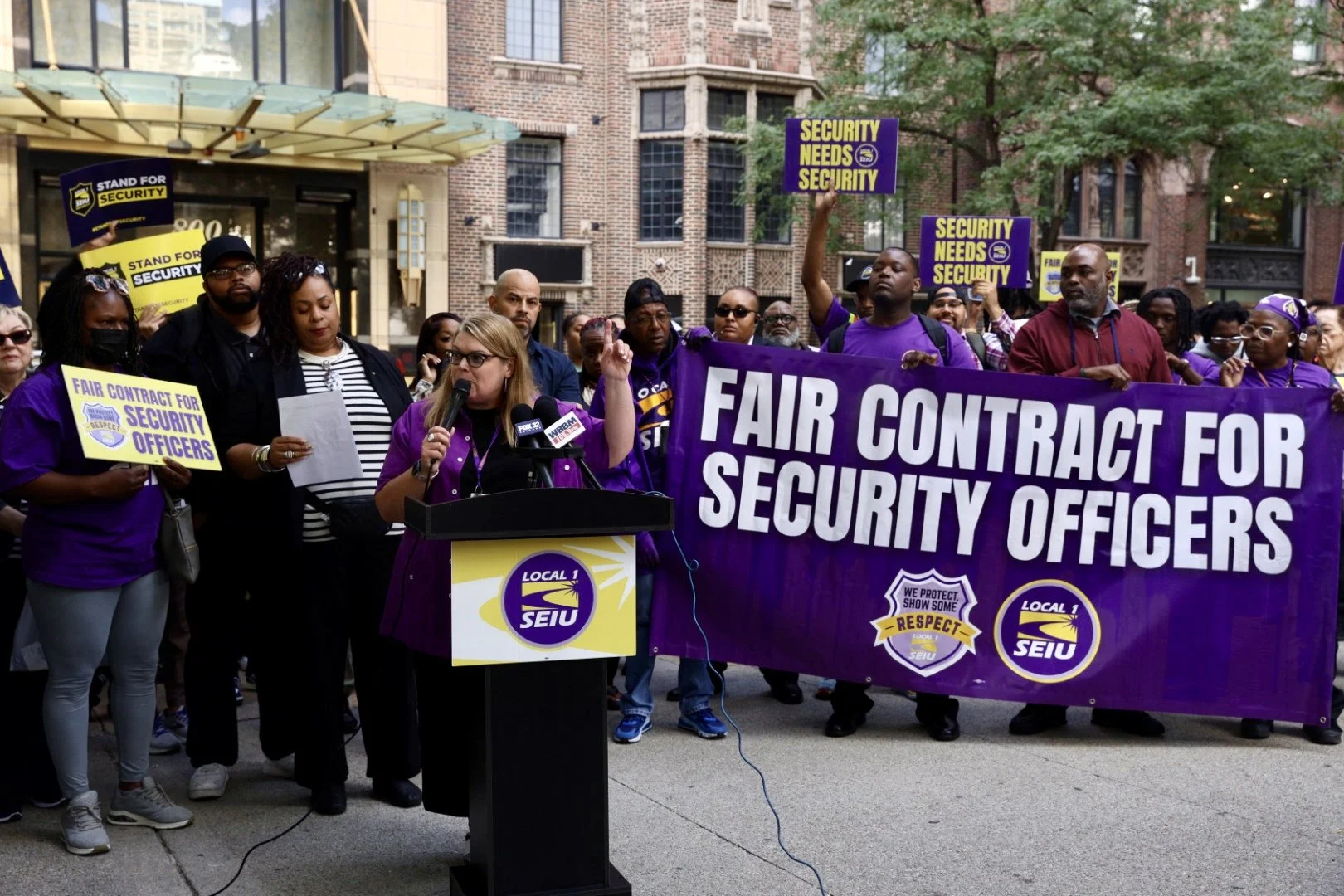 SEIU Local 1 Essential Security Officers and Residential Door Staff in Chicago Rally and Hold Press Conference Downtown for Fair Contracts