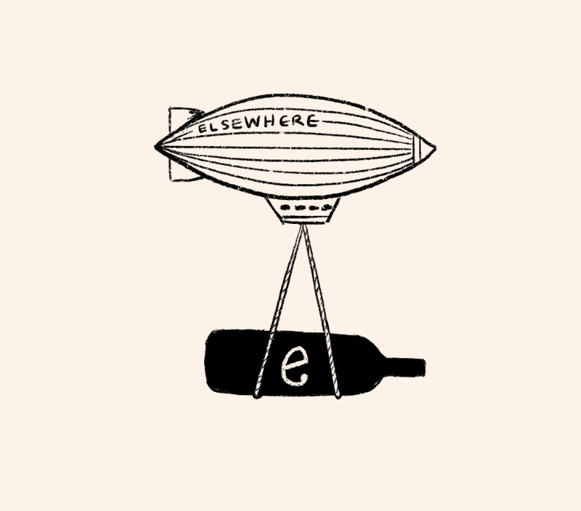 Illustration of a blimp with the words "Elsewhere" on it carrying a large wine bottle with an e on it