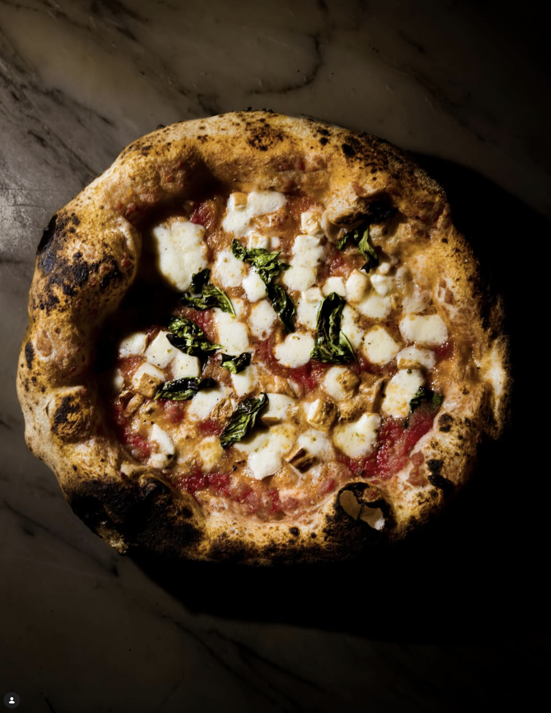A moody overhead image of a margherita pizza with fresh mozzarella and basil