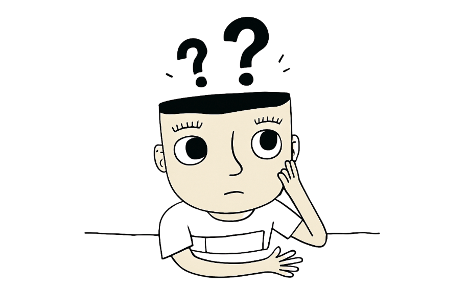 Hand-drawn illustration of a thoughtful character resting their face on one hand, with two large black question marks floating above their head, symbolising curiosity or decision-making.